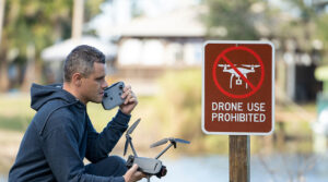 drone laws - sad man in front of drones prohibited sign - newtodrones