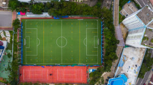 drone photography for sports events - top view of soccer arena - new to drones