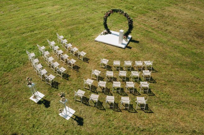 drone photography for events - wedding ceremony on green lawn - new to drones